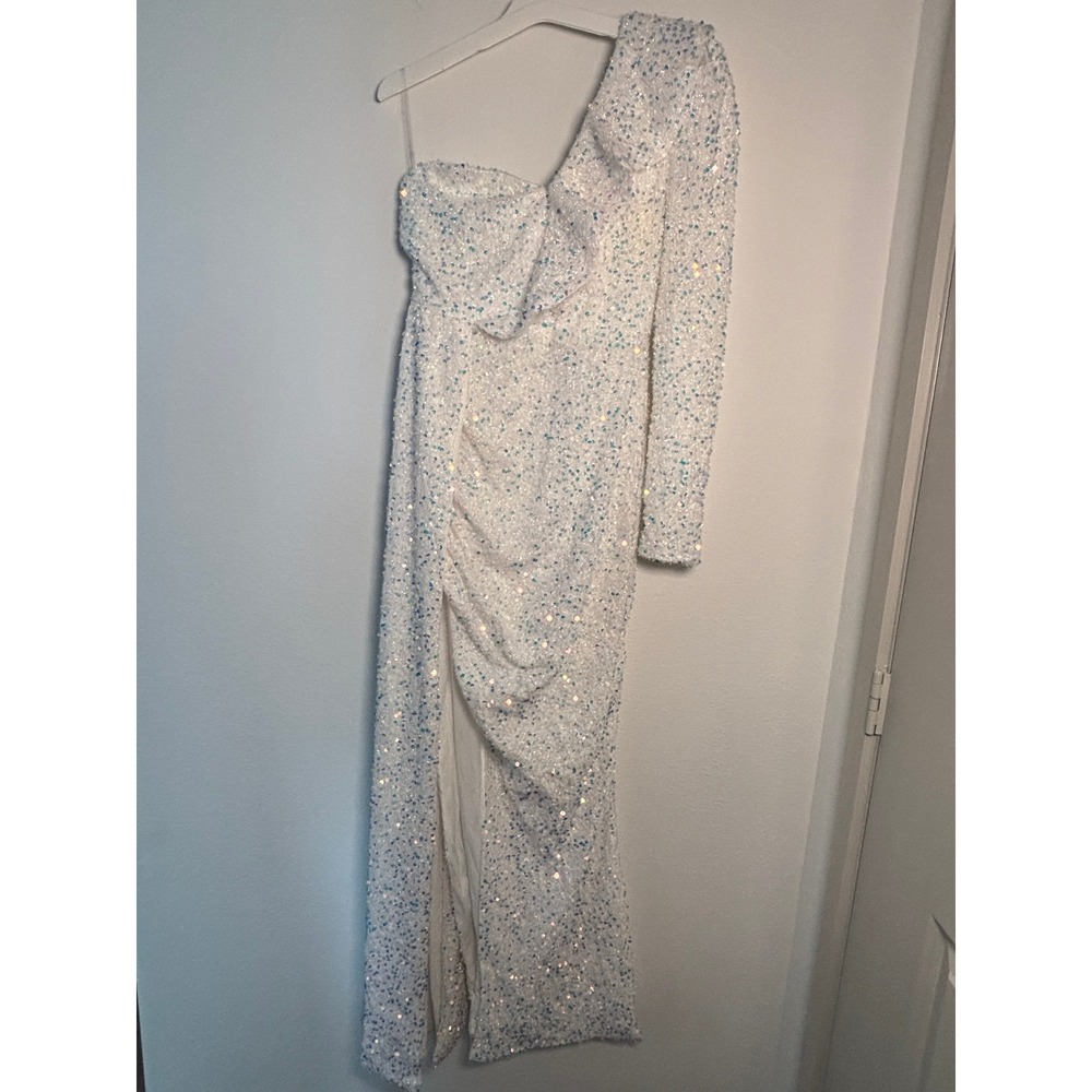 Miss Ord White Sequin One Shoulder Maxi Dress Long Sleeve Formal Gown Size‎ L